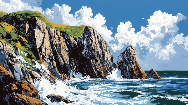 Dramatic Ocean Waves Crashing Against Rugged Cliffs Under a Cloudy Sky