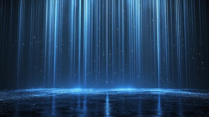 A digital representation of cascading light beams against a dark background.