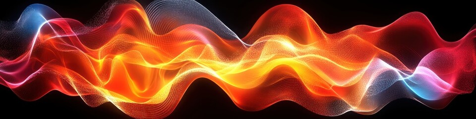 Fototapeta premium Vibrant fiery neon light waves in red, orange, and yellow flowing across a black background, creating an energetic and futuristic abstract motion effect.