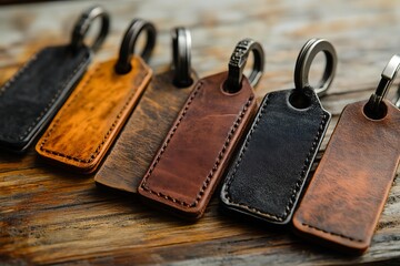 Leather Key Tags on Wooden Surface