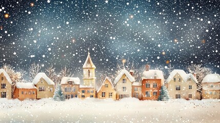 Fototapeta premium Winter Village Scene Snowy Houses Falling Snow Cozy Atmosphere