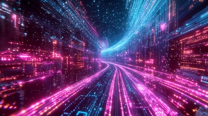 Obraz premium Neon Digital Highway: A Journey Through Cyberspace