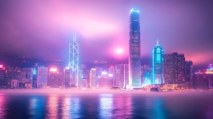 Obraz premium A futuristic cityscape glows with bright neon light at night