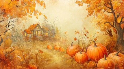 Pumpkin patch in autumn, orange and golden tones, rustic and seasonal