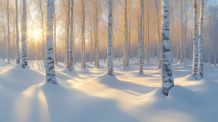 Obraz premium Winter sunrise in birch forest; snow drifts; tranquil scene; nature wallpaper