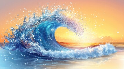 Dramatic ocean wave at sunrise, vibrant colors, powerful nature