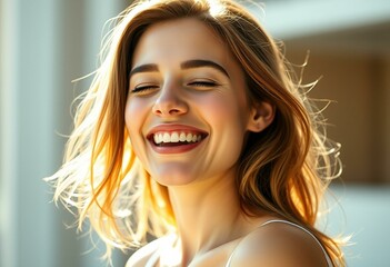 A laughing young woman in sunlight with a carefree expression