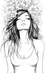 Fototapeta premium A woman with long hair is wearing a flower crown. She has a calm expression on her face