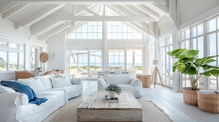 Coastal Living Room: A bright and airy coastal-themed living room bathed in natural light, inviting relaxation with its open space and serene atmosphere.