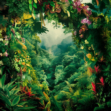 The image showcases a magnificent rainforest canopy, adorned with a diverse array of plant species, showcasing the uniqueness of this magnificent ecosystem.