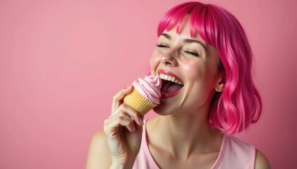 Pink-haired subject joyfully biting a cupcake , cupcake, cheerful, vibrant