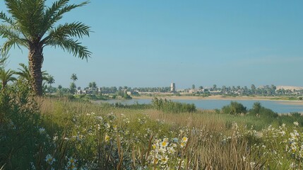 Serene Oasis Palm Trees Wildflowers and Distant Village by a Calm River