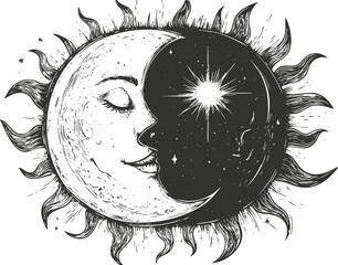 Artistic illustration of sun and moon with celestial theme in black and white.