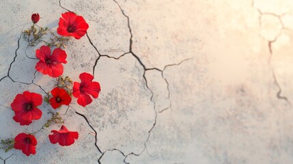 Fototapeta premium Red poppies blooming in cracked earth nature photography desert landscape close-up view resilience concept