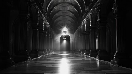 A dimly lit corridor with arches and columns, creating a mysterious atmosphere.