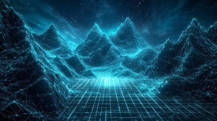 Fototapeta premium Cybernetic Mountains: A futuristic, digital landscape showcasing mountains and a grid pathway, all rendered in a cool blue hue. Capturing the essence of advanced technology, exploration.