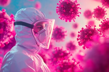 Close-up of healthcare professional in protective gear navigating virus challenges in a surreal laboratory environment