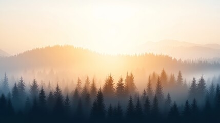 Obraz premium Serene sunrise over misty forests nature landscape morning light tranquil environment panoramic view peaceful concept