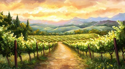 Naklejka premium Serene Vineyard Landscape at Sunset Golden Hour Painting