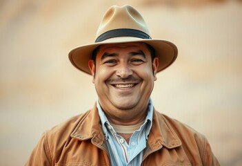 Photorealistic portrait of a joyful overweight explorer