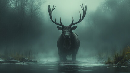 Naklejka premium massive giant elk monster - perfect for fantasy book covers, character design, dark folklore illustrations, video game concepts, and horror-themed artwork