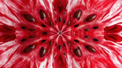 Red tie-dye background, close-up of watermelon seeds in the center of an abstract pattern, red and white color scheme