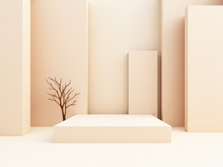 minimalist beige studio setting with platform and barren tree