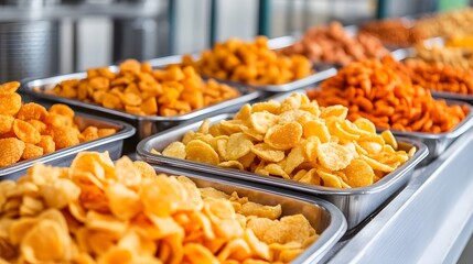 Overhead View of Snack Food Manufacturing Assembly Line with Various Fried and Baked Crispy Snack Ingredients and Packaging