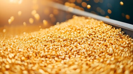 Golden Popcorn Flowing Through an Industrial Processing Machine