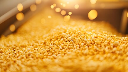 Flowing golden popcorn in an industrial processing machine with abundant grains