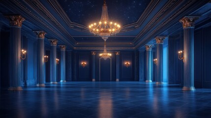 Obraz premium Grand ballroom with blue walls, pillars, and chandelier.