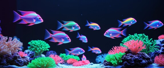 Neon colored Fish Darting Through a Glowing Coral Reef Garden