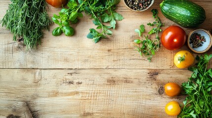 Fresh Garden Harvest: A vibrant array of freshly harvested vegetables, herbs and spices artfully arranged on a rustic wooden surface.