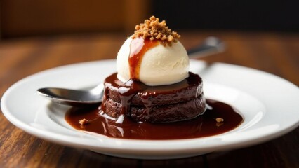 A small, round chocolate lava cake with vanilla ice cream on top, drizzled in fudge sauce and melting into the center of its white plate. A spoon is sitting next to the food
