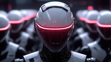 A futuristic scene featuring humanoid robots with glowing red accents, showcasing advanced technology and a sense of collective intelligence.