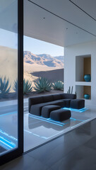 Walking barefoot across the polished basalt floors, subtle motion-activated blue light strips illuminate pathways, enhancing both function and ambiance.