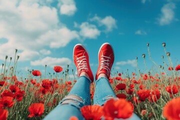 Red sneakers resting amid vibrant red poppies, contrasting blue sky backdrop highlighting carefree summer leisure moment