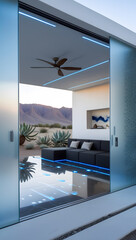Walking barefoot across the polished basalt floors, subtle motion-activated blue light strips illuminate pathways, enhancing both function and ambiance.