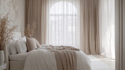 Serene Bedroom Retreat: A meticulously crafted bedroom scene showcases a bed adorned with plush bedding and pillows, framed by a large arched window that lets in natural light.