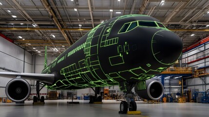 Obraz premium High-tech Jetliner in Maintenance Facility with Projections