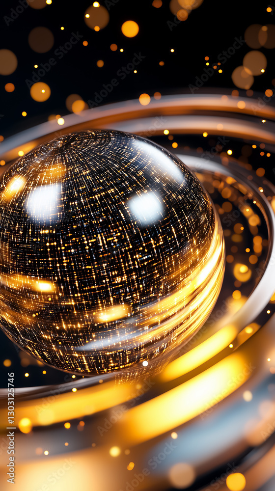 Poster a spherical structure embodies a dynamic data matrix, featuring constantly shifting patterns that gl