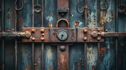 A large iron gate secured firmly with a padlock. 