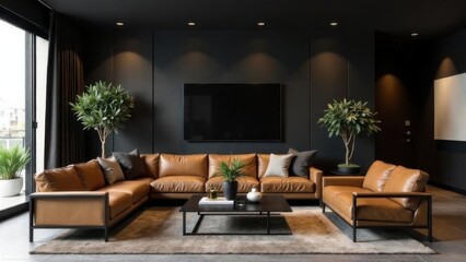 Fototapeta premium A sleek luxury living room with a matte black textured wall, ornamental olive trees in metal planters, a glass coffee table, leather seats, and recessed lighting creating a warm, modern ambiance