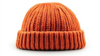 Orange ribbed knit beanie hat isolated on white.