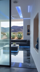 Walking barefoot across the polished basalt floors, subtle motion-activated blue light strips illuminate pathways, enhancing both function and ambiance.