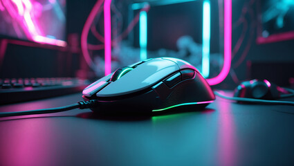High-performance gaming mouse with RGB lighting, set in a cyberpunk gaming setup. Perfect for esports, gaming accessories, and technology visuals.

