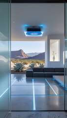 Walking barefoot across the polished basalt floors, subtle motion-activated blue light strips illuminate pathways, enhancing both function and ambiance.