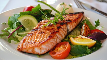 A beautifully plated grilled fish fillet garnished with fresh vegetables and edible flowers.