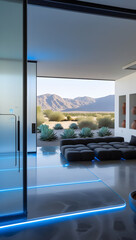 Walking barefoot across the polished basalt floors, subtle motion-activated blue light strips illuminate pathways, enhancing both function and ambiance.