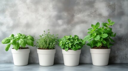 Fototapeta premium Fresh herbs in white ceramic pots, nature-inspired home decor, vibrant greenery
